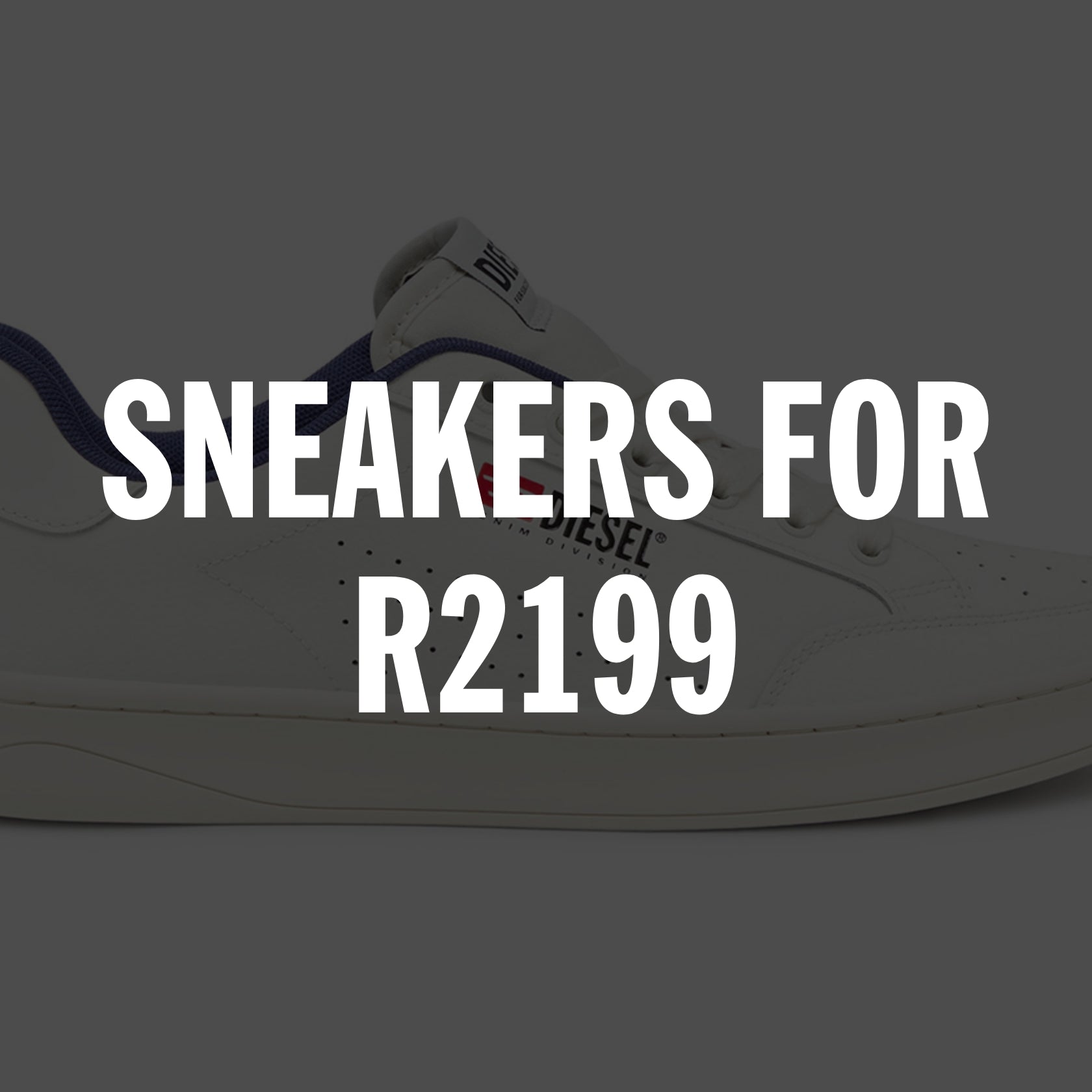 White Diesel sneakers with navy blue accents and price text R2199
