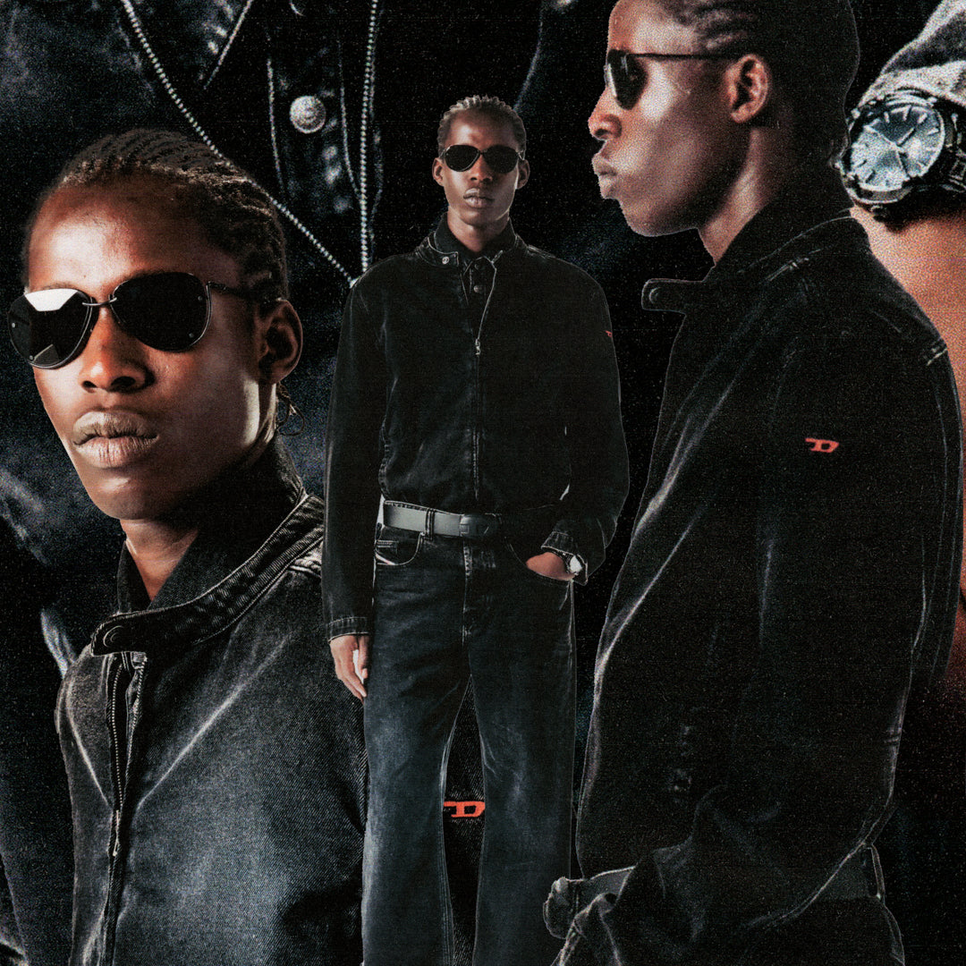 Collage of men wearing black clothing and sunglasses against a dark background