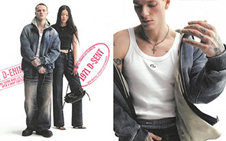 A man and woman wearing denim jackets and jeans with a close-up of a man in a white tank top.
