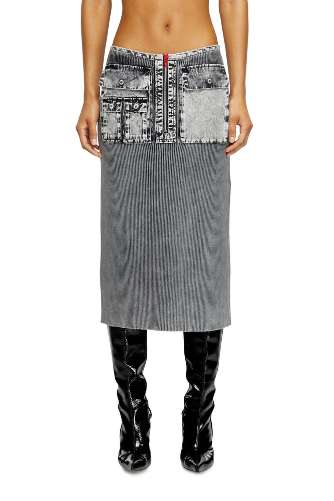Knit Midi Skirt With Denim Cargo Pockets