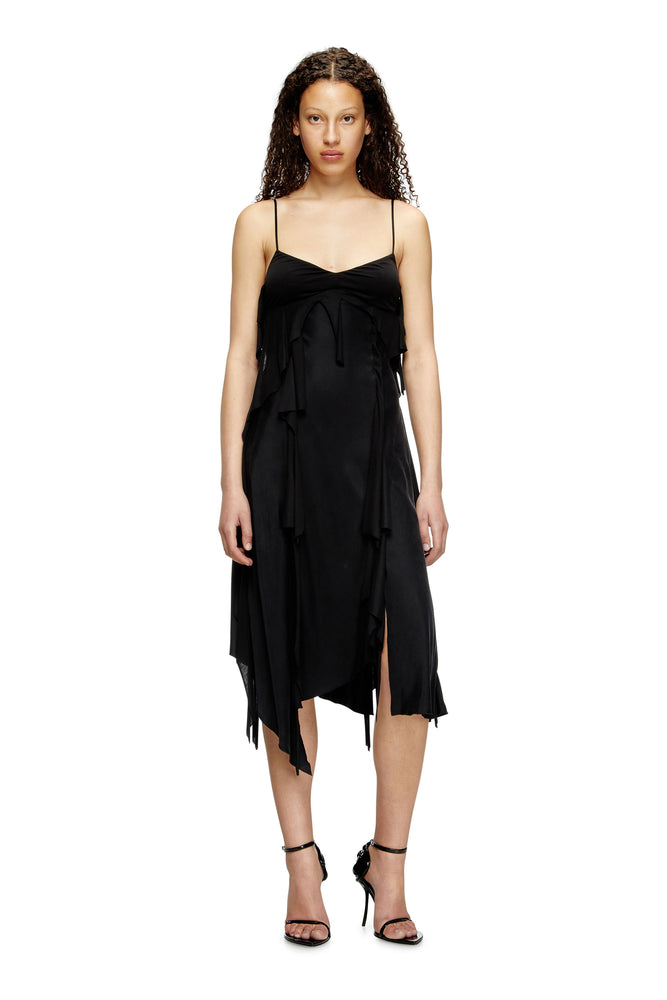 Satin dress with raw-cut flounces