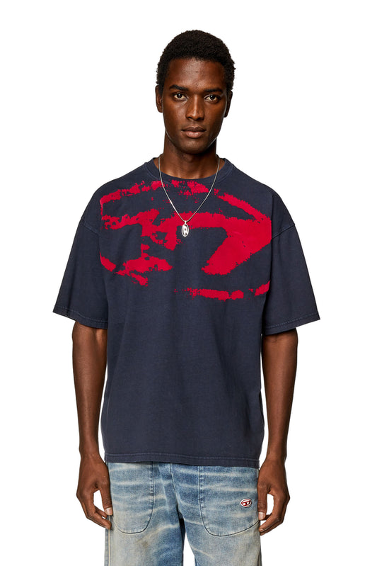 T-shirt with distressed flocked logo
