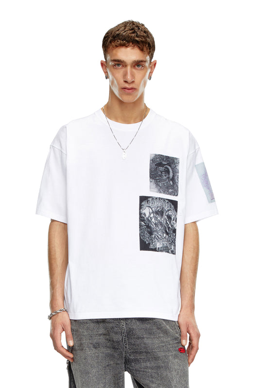T-shirt with raw-cut printed patches