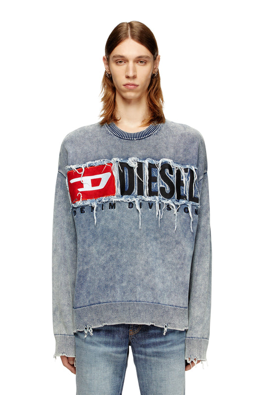 Cotton jumper with denim logo patch