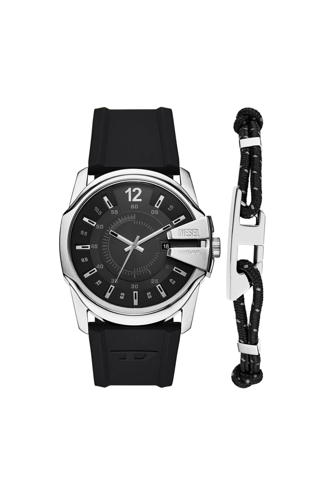 Master Chief Three-Hand Date Black Silicone Watch And Cord Bracelet Set