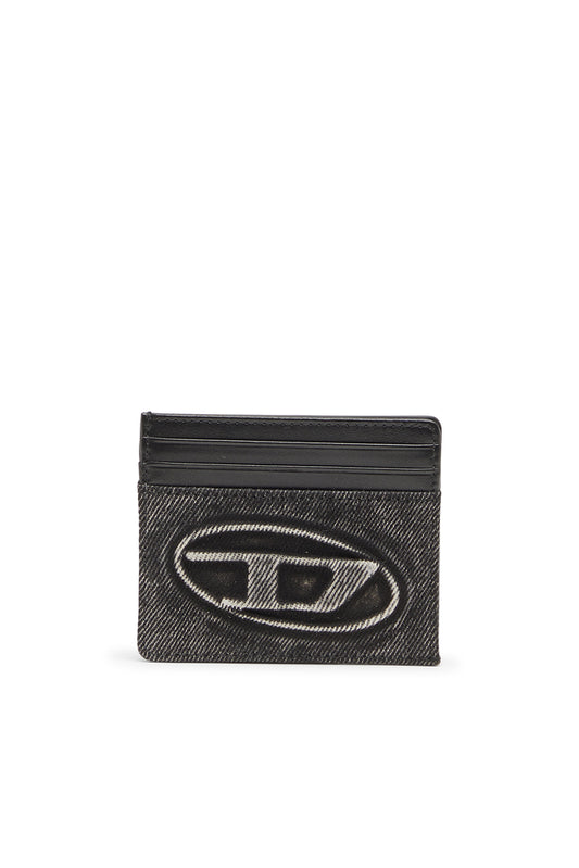 Card holder in washed cotton and leather