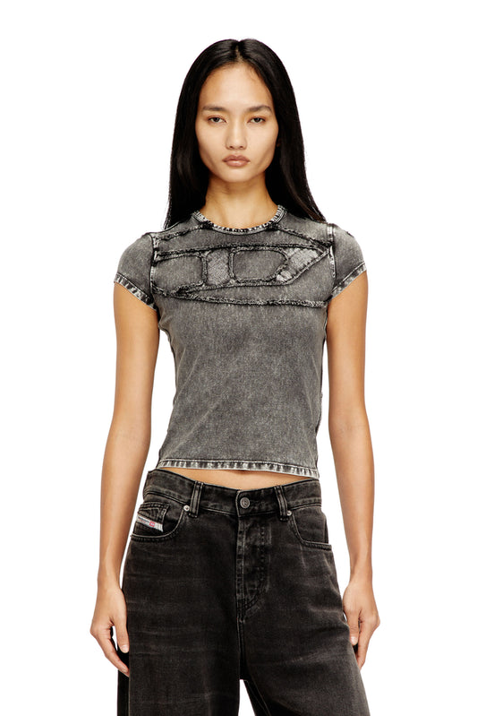 Slim top with denim applications