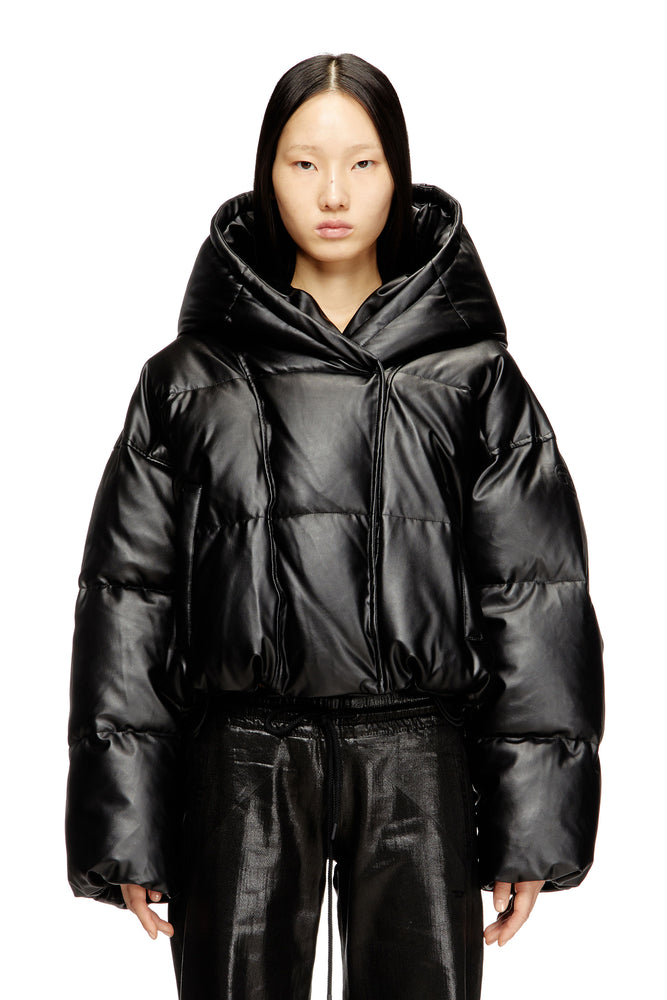 Hooded puffer jacket in coated fabric