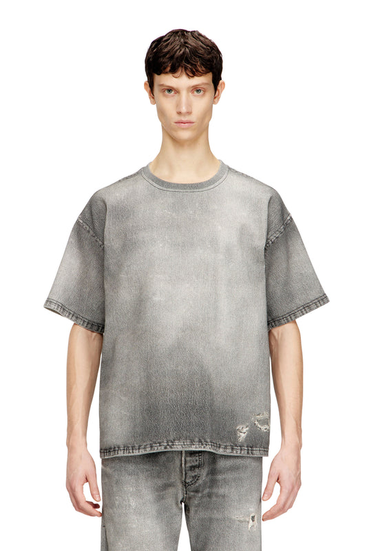 Denim T-shirt with trompe l'oeil treated effect