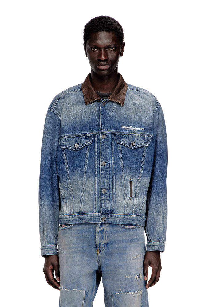 Denim trucker jacket with contrast leather trims