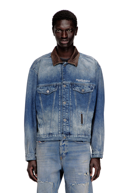 Denim trucker jacket with contrast leather trims