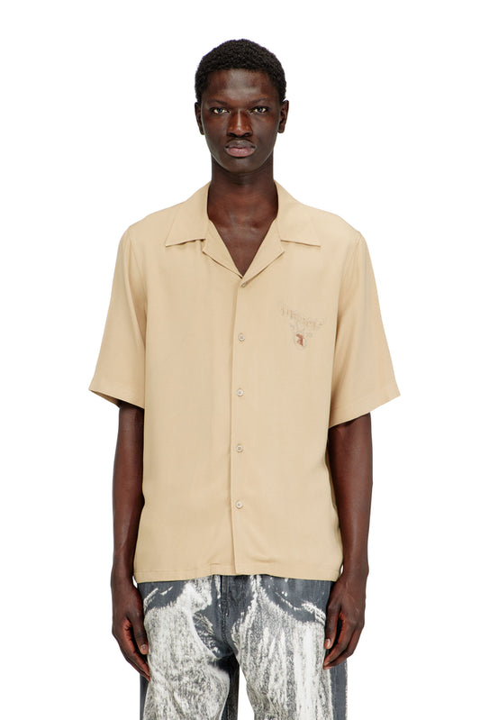 Fluid bowling shirt with faded logo graphic