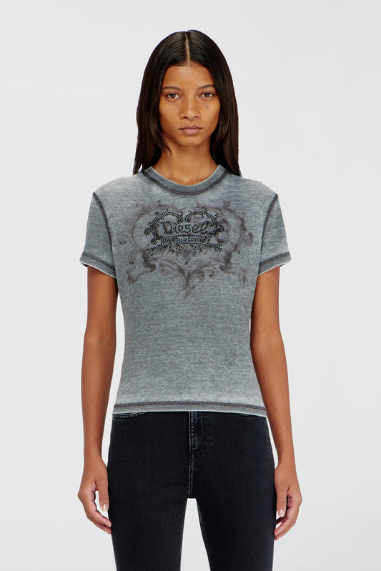 Jersey t-shirt with rhinestones and burnout effect